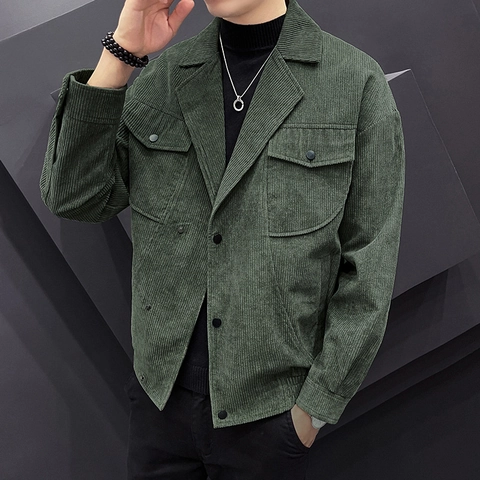 Men's Slim Fit Corduroy Jacket Polyester Autumn Outerwear Lapel Single Breasted Workwear Coat With Multiple Pockets Casual Top