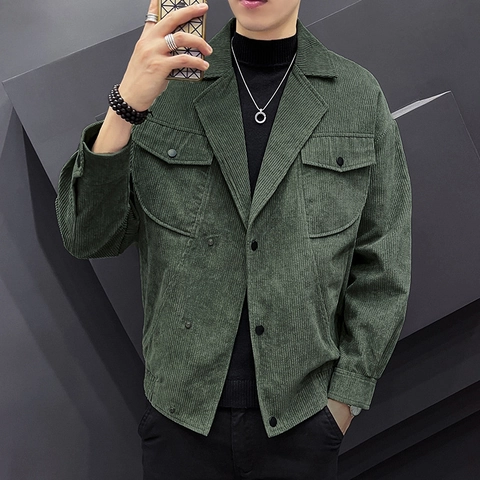 Men's Slim Fit Corduroy Jacket Polyester Autumn Outerwear Lapel Single Breasted Workwear Coat With Multiple Pockets Casual Top
