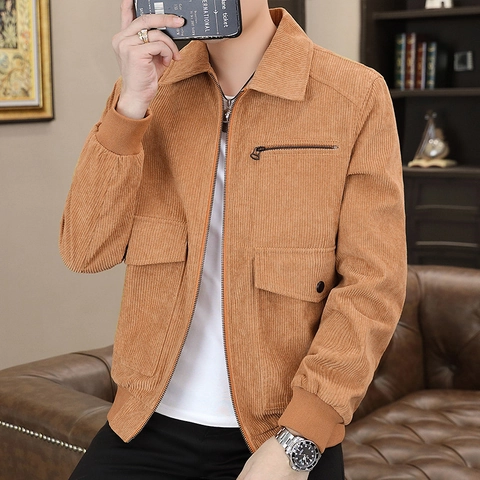 Chaqueta de Pana Vintage para Hombre Informal Holgada con Cremallera Completa Ropa de Abrigo con Múltiples Bolsillos Moda de Manga Larga Color Sólido Abrigo con Puños Acanalados