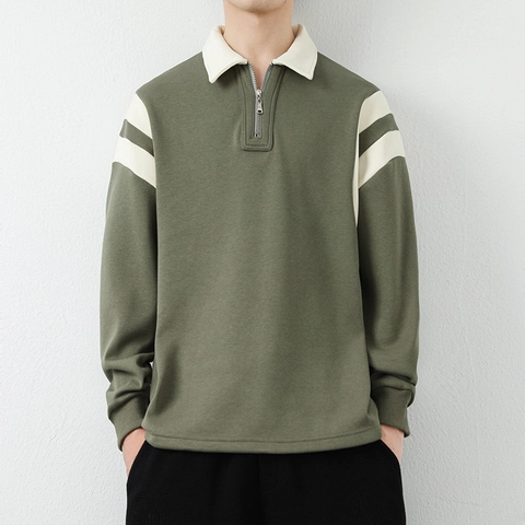 Sudadera Polo Casual Vintage para Hombre con Media Cremallera Manga Larga con Rayas de Contraste Pullover Holgado de Mezcla de Algodón Top de Moda