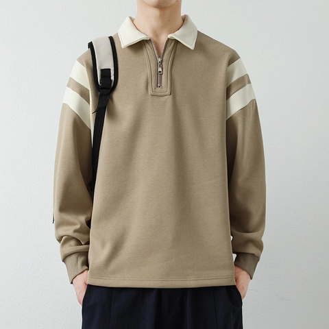 Sudadera Polo Casual Vintage para Hombre con Media Cremallera Manga Larga con Rayas de Contraste Pullover Holgado de Mezcla de Algodón Top de Moda