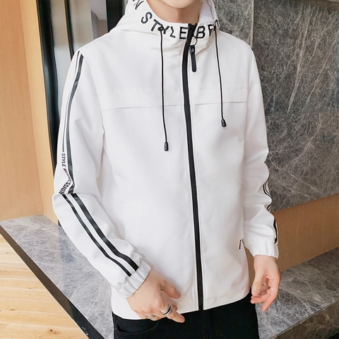 Herren Kapuzenjacke Polyester Winddicht Casual Streetwear Buchstabendruck Kontraststreifen Reißverschluss Oberbekleidung Für Junge Männer