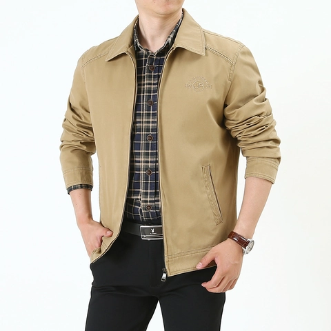 Giacca in Cotone Slim Fit da Uomo Business Casual Leggera Collo a Revers Cerniera Antivento Capispalla Tinta Unita Cappotto
