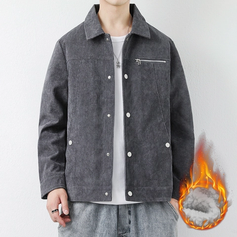 Men's Jacket Corduroy Polyester Fleece Lined Thickened Lapel Metal Buttons Chest Zipper Pocket Casual Daily Solid Color Classic Outerwear