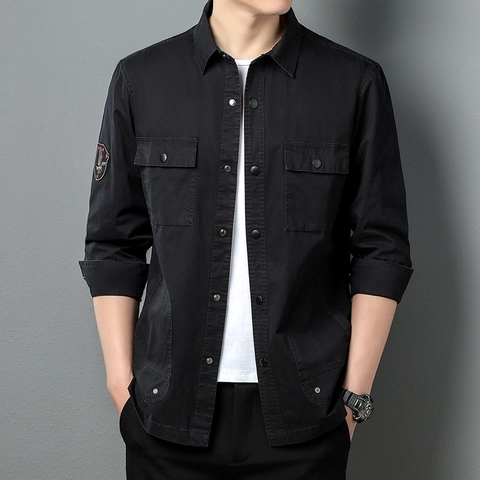 Herren Japanisches Vintage Workwear Hemd 100% Baumwolle Langarm Casual Cargo Hemd Mit Doppelten Taschen Und Stickerei-Patch Outdoor Täglich Tops Für Herren