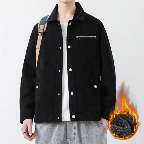Men's Jacket Corduroy Polyester Fleece Lined Thickened Lapel Metal Buttons Chest Zipper Pocket Casual Daily Solid Color Classic Outerwear