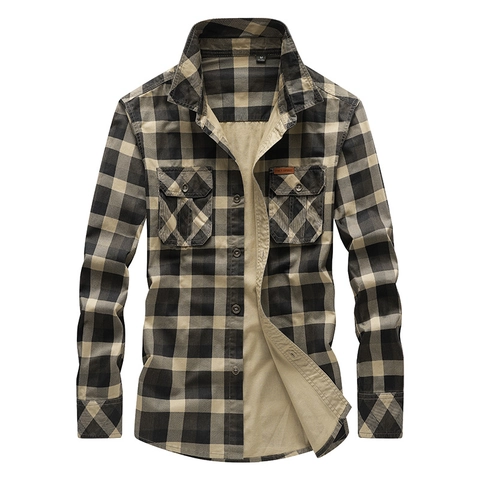 Herren Retro Kariertes Langarmhemd Aus Reiner Baumwolle Workwear Lässiges Button-Up-Top Mit Doppeltaschen Für Herbstmode
