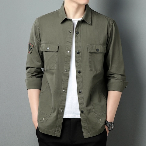 Herren Japanisches Vintage Workwear Hemd 100% Baumwolle Langarm Casual Cargo Hemd Mit Doppelten Taschen Und Stickerei-Patch Outdoor Täglich Tops Für Herren