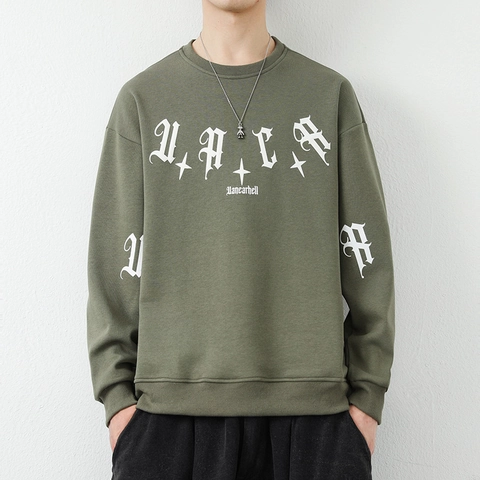 Sudadera para Hombre con Estampado de Letras Góticas Forro Polar Cuello Redondo Manga Larga Pullover Ajuste Holgado
