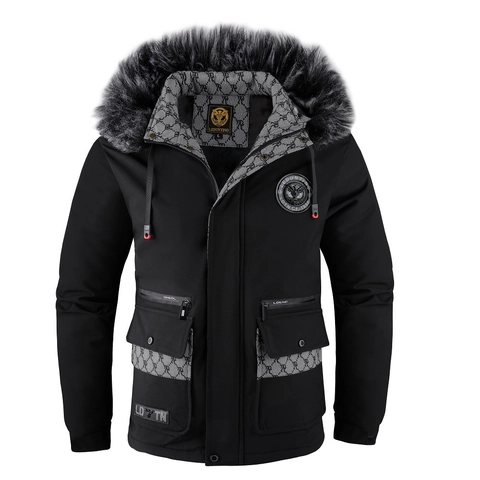 Men Winter Parka Coat Large Faux Fur Collar Polyester Fleece Lined Thickened Cotton Jacket Hooded Windproof Casual Overcoat