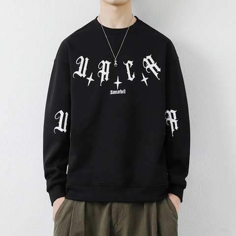 Sudadera para Hombre con Estampado de Letras Góticas Forro Polar Cuello Redondo Manga Larga Pullover Ajuste Holgado