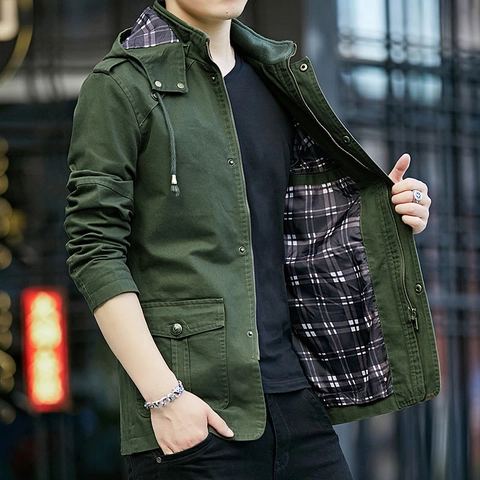 Herren Kapuzen Cargo Jacke Baumwolle Canvas Winddicht Mantel Mit Karofutter Mehrfachtaschen Casual Mode Outerwear Für Herbst Winter