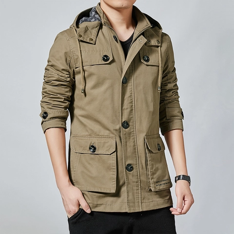 Veste Cargo Décontractée à Capuche pour Hommes Coupe-Vent en Toile de Coton Multi-Poches Style Militaire Vêtements d'Extérieur