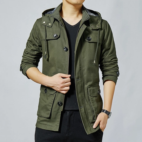 Veste Cargo Décontractée à Capuche pour Hommes Coupe-Vent en Toile de Coton Multi-Poches Style Militaire Vêtements d'Extérieur