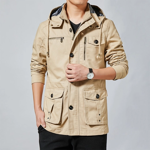 Herren 100% Baumwolle Kapuzenjacke Militärstil Multi-Taschen Arbeitskleidung Mantel Lässig Winddicht Mittellang Oberbekleidung Mit Tarnfutter