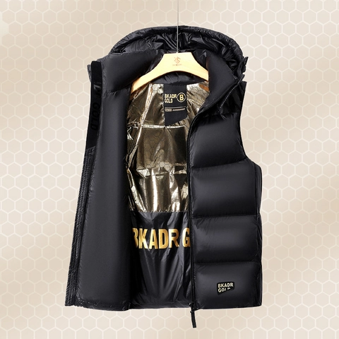 Unisex Hooded Down Vest Quilted Windproof Warm Waistcoat With Metallic Gold Heat Reflective Lining Techwear Style For Winter Outdoor