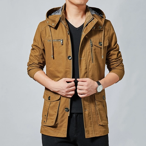 Herren 100% Baumwolle Kapuzenjacke Militärstil Multi-Taschen Arbeitskleidung Mantel Lässig Winddicht Mittellang Oberbekleidung Mit Tarnfutter