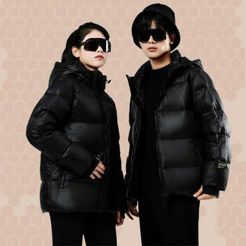 Giacca Invernale Unisex in Piumino con Cappuccio Addensata Calda Piumino d'Anatra Bianca Cappotto Lucido Puffer Outwear Antivento Impermeabile Abbigliamento per Uomo Donna