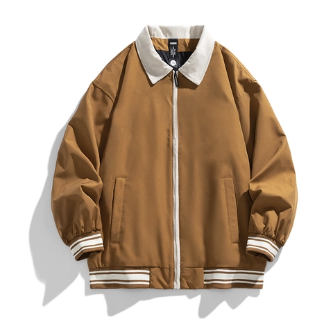 Ανδρικό Vintage Casual Τζάκετ Κοτλέ Γιακάς Color Block Ριγέ Ριμπ Μανσέτες Μόδα Χαλαρή Εφαρμογή Αντιανεμικό Παλτό Με Φερμουάρ