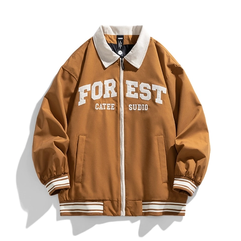 Veste Décontractée Ample Streetwear Rétro Américain pour Hommes Avec Revers en Velours Côtelé Contrasté Broderie de Lettres Mode