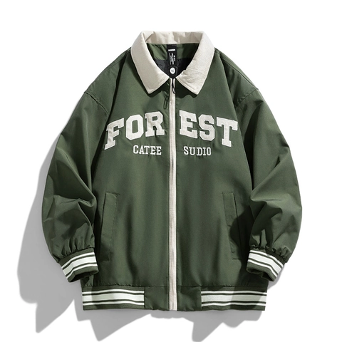 Veste Décontractée Ample Streetwear Rétro Américain pour Hommes Avec Revers en Velours Côtelé Contrasté Broderie de Lettres Mode