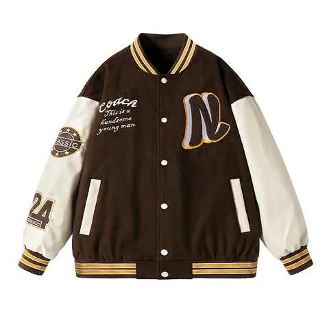 Heren Amerikaans Retro Varsity Jas Patchwork Synthetisch Leer Mouw Borduurwerk Gewatteerde Verdikte Baseball Jas Streetwear