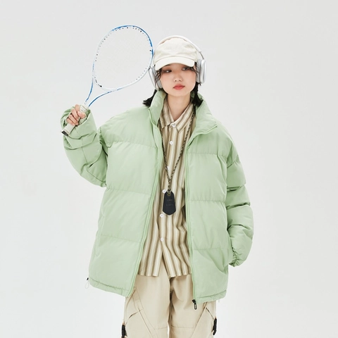 Men's Stand Collar Puffer Jacket Thick Warm Winter Coat 100% Polyester Casual Loose Streetwear Solid Color Bread Jacket Unisex