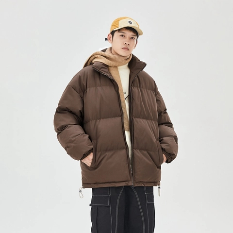Men's Stand Collar Puffer Jacket Thick Warm Winter Coat 100% Polyester Casual Loose Streetwear Solid Color Bread Jacket Unisex