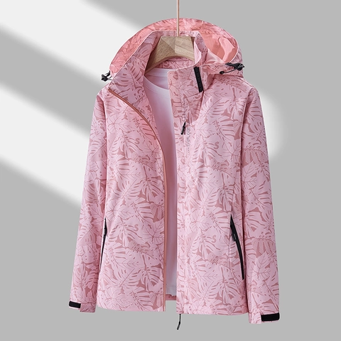 Hooded Windbreaker Jacket Waterproof Windproof Outdoor Hiking Cycling Coat Tropical Leaf Print Casual Sporty Outerwear Men Women