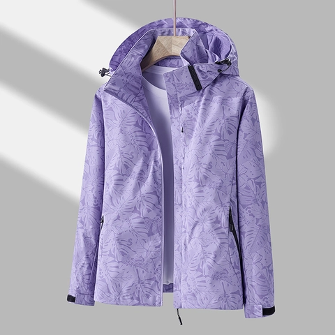 Hooded Windbreaker Jacket Waterproof Windproof Outdoor Hiking Cycling Coat Tropical Leaf Print Casual Sporty Outerwear Men Women