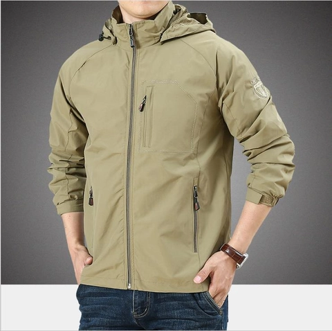 Giacca da Uomo Antivento all'Aperto con Cappuccio Nylon Leggero Multitasche Cappotto Sportivo Casual per Autunno Primavera