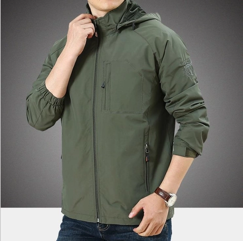 Giacca da Uomo Antivento all'Aperto con Cappuccio Nylon Leggero Multitasche Cappotto Sportivo Casual per Autunno Primavera