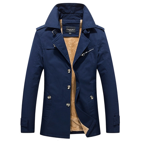 Trench da Uomo Casual in Cotone di Media Lunghezza Con Fodera in Pile Inverno Giacca Calda Spessa Collo in Piedi Cappotto Monopetto Uomo Outwear