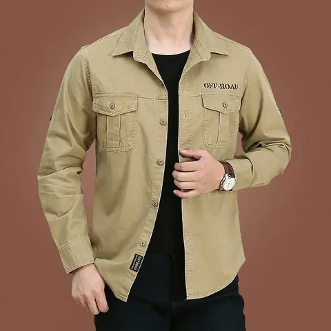 Herren Einfarbig Baumwolle Langarm Arbeitshemd Casual Outdoor Mode Button Down Top Mit Multi Taschen Kleidung