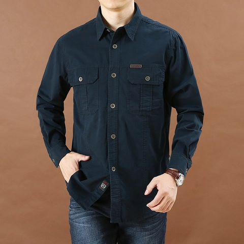 Heren Casual Losse Cargo Overhemd Polyester Omslagkraag Effen Kleur Lange Mouw Overhemd Met Dubbele Borstzakken Werkkleding Top