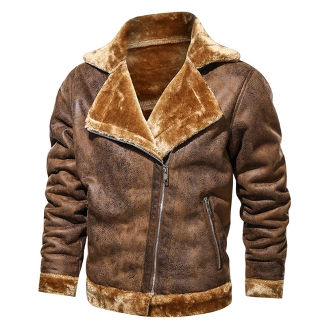 Herren Winter Lederjacke mit Kunstlammfell Vintage Distressed Biker Mantel Dick Gefütterte Jacke Wildlederimitat Bomber