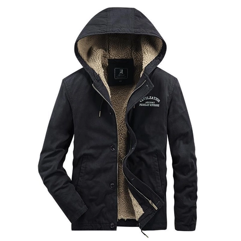 Men's Winter Fleece Lined Hooded Cotton Jacket Heavyweight Multi-Pocket Workwear Warm Padded Coat Solid Color Casual Outerwear