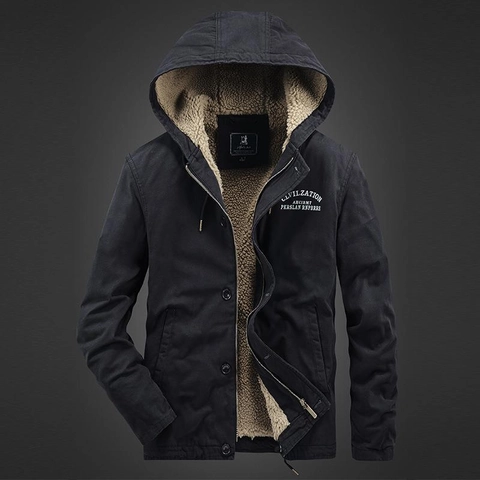 Men's Winter Fleece Lined Hooded Cotton Jacket Heavyweight Multi-Pocket Workwear Warm Padded Coat Solid Color Casual Outerwear