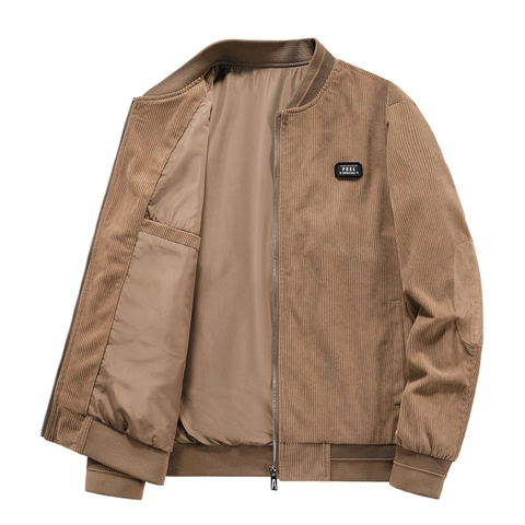 Men's Vintage Corduroy Bomber Jacket Japanese Workwear Casual Solid Color Stand Collar Ribbed Cuff Zipper Fly Jacket