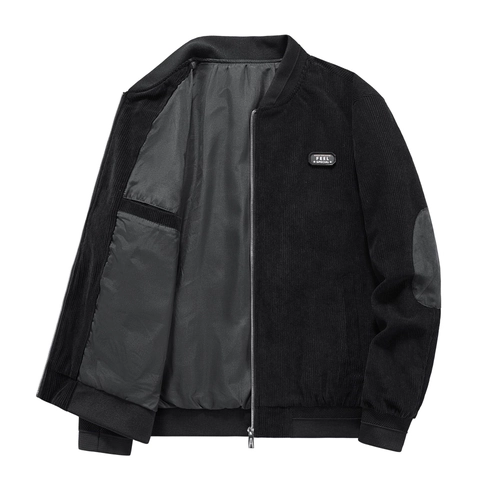 Men's Vintage Corduroy Bomber Jacket Japanese Workwear Casual Solid Color Stand Collar Ribbed Cuff Zipper Fly Jacket
