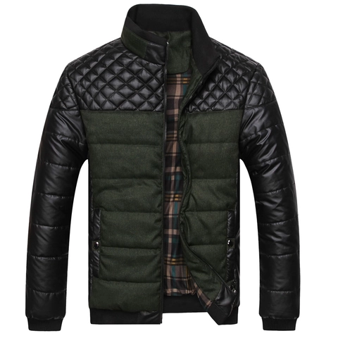 Veste Rembourrée Chaude d'Hiver Casual pour Hommes Matelassage Épissure Cuir PU Vêtement d'Extérieur Col Montant Doublure Écossaise Manteau en Coton