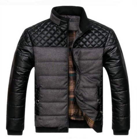 Veste Rembourrée Chaude d'Hiver Casual pour Hommes Matelassage Épissure Cuir PU Vêtement d'Extérieur Col Montant Doublure Écossaise Manteau en Coton