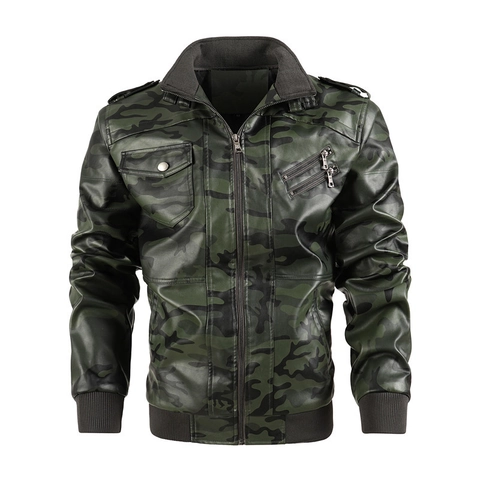 Men Retro Camouflage PU Leather Jacket Stand Collar Multi Pocket Military Style Biker Coat Faux Leather Outwear Jacket