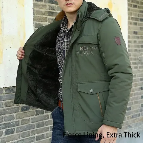 Men's Winter Fleece Lined Thickened Padded Jacket Warm Detachable Hood Outerwear Windproof Plus Size Cotton Coat For Men