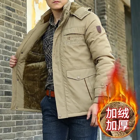 Men's Winter Fleece Lined Thickened Padded Jacket Warm Detachable Hood Outerwear Windproof Plus Size Cotton Coat For Men