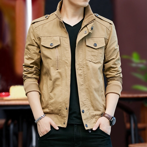 Mens Military Cargo Jacket Cotton Canvas Stand Collar Epaulettes Multi Pocket Outerwear Casual Spring Autumn Coat For Men