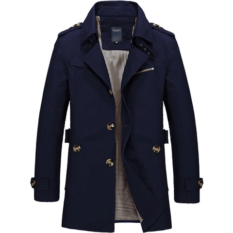 Men's Mid-Length Cotton Trench Coat With Epaulettes Gingham Lining Casual Business Windbreaker Jacket Solid Color Overcoat