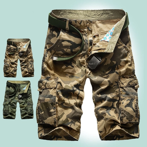 Pantalones Cortos Cargo de 100% Algodón de Camuflaje para Hombre Con Múltiples Bolsillos Y Cinturón de Lona Ajuste Holgado