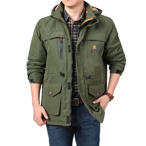 Chaqueta de Montaña Hombre Nylon Cortavientos Multi Bolsillo Capucha Forrada Lana Cálido Ropa de Trabajo Táctica Senderismo
