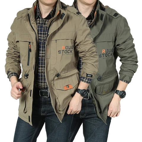 Veste Tactique de Plein Air pour Hommes Coupe-Vent à Capuche Longueur Moyenne Style Militaire Multi-Poches Manteau Cargo